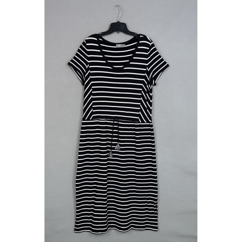 T by Talbots Dress Womens Large Black White Striped Tassel Tie UPF 50+ Casual